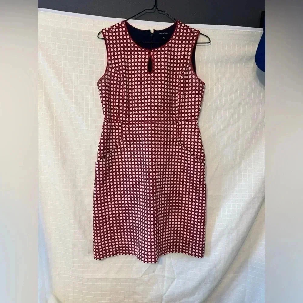 Lands End Size 6P 6 Petite Woman's Red White Navy Blue Polka Dot Pocketed Dress